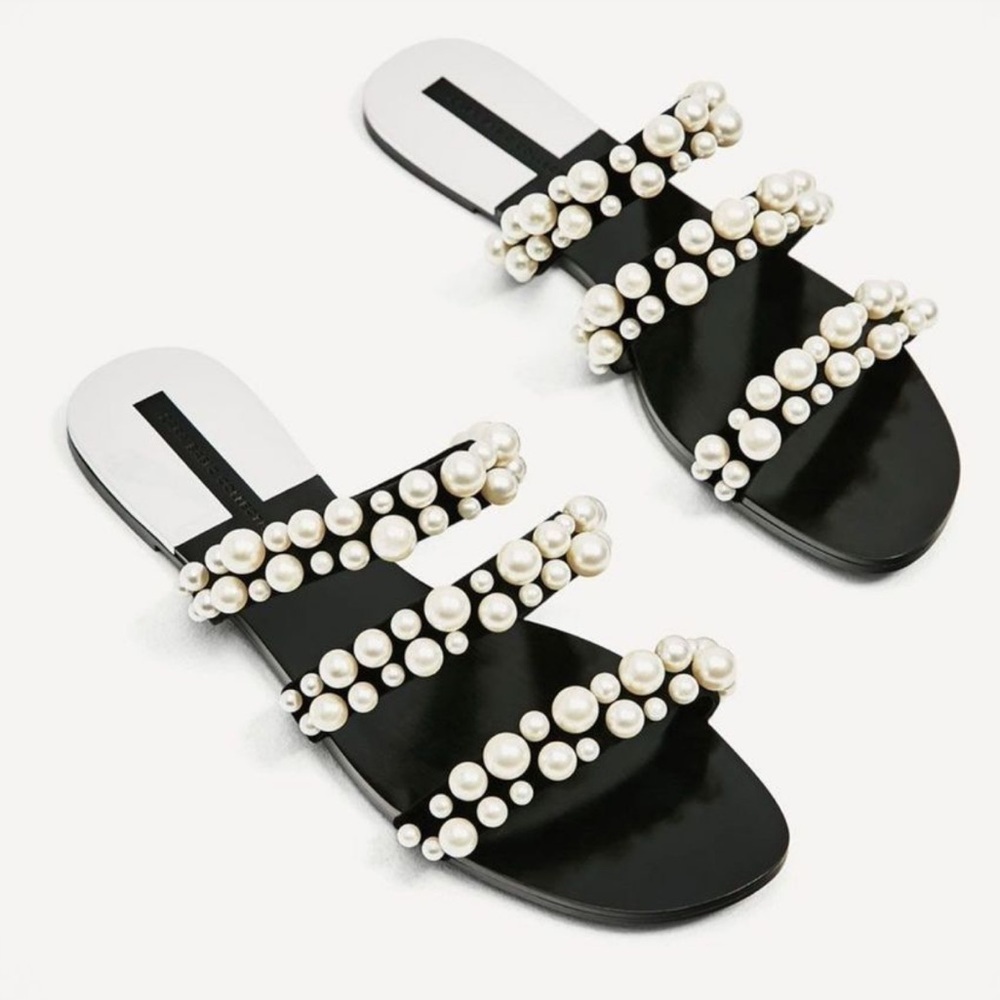 Zara Pearl Embellished Straps Flat Sandals Flats Faux Leather Slides Mules Shoes